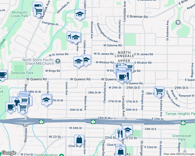 map of restaurants, bars, coffee shops, grocery stores, and more near 250 West Queens Road in North Vancouver