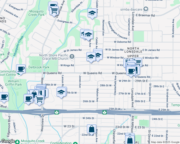 map of restaurants, bars, coffee shops, grocery stores, and more near 3063 Mahon Avenue in North Vancouver