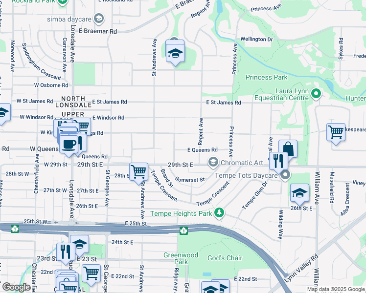 map of restaurants, bars, coffee shops, grocery stores, and more near 530 East Queens Road in North Vancouver