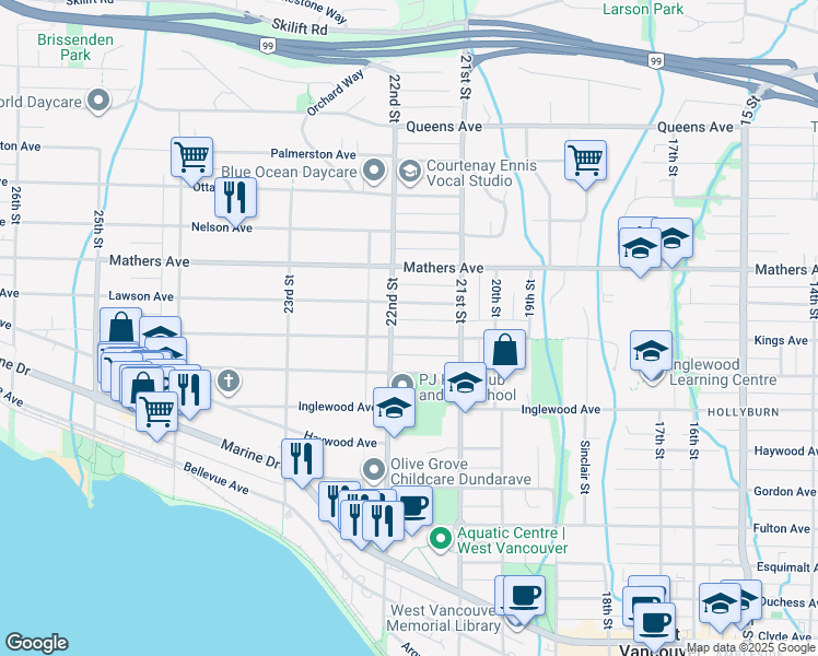 map of restaurants, bars, coffee shops, grocery stores, and more near 2175 Kings Avenue in West Vancouver