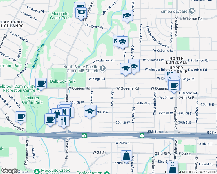map of restaurants, bars, coffee shops, grocery stores, and more near 484 West Queens Road in North Vancouver