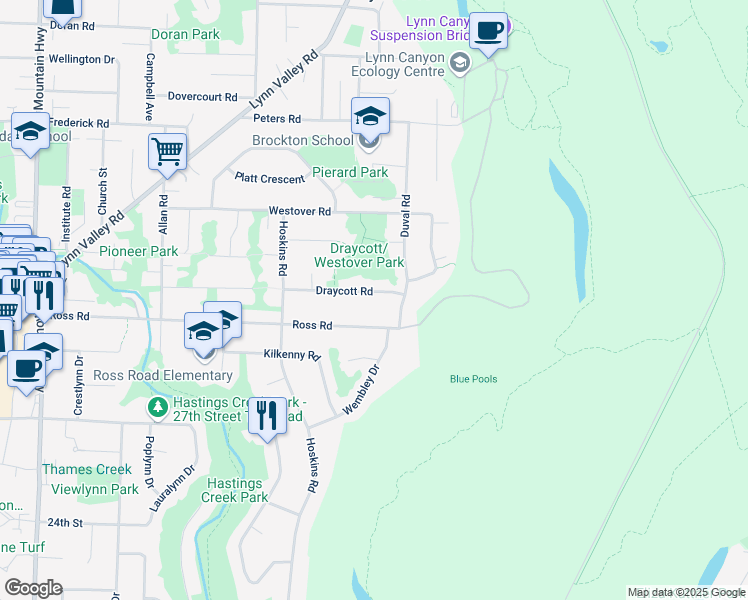 map of restaurants, bars, coffee shops, grocery stores, and more near 1855 Draycott Road in North Vancouver