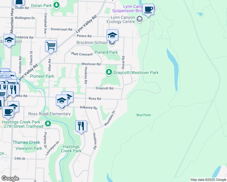 map of restaurants, bars, coffee shops, grocery stores, and more near 1855 Draycott Road in North Vancouver