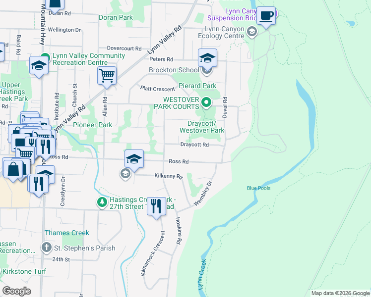 map of restaurants, bars, coffee shops, grocery stores, and more near 1775 Draycott Road in North Vancouver