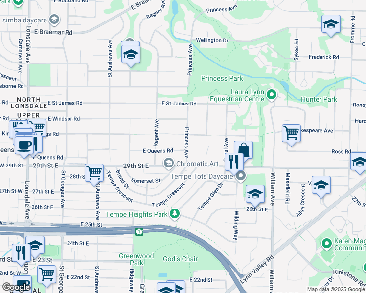 map of restaurants, bars, coffee shops, grocery stores, and more near 3025 Princess Avenue in North Vancouver