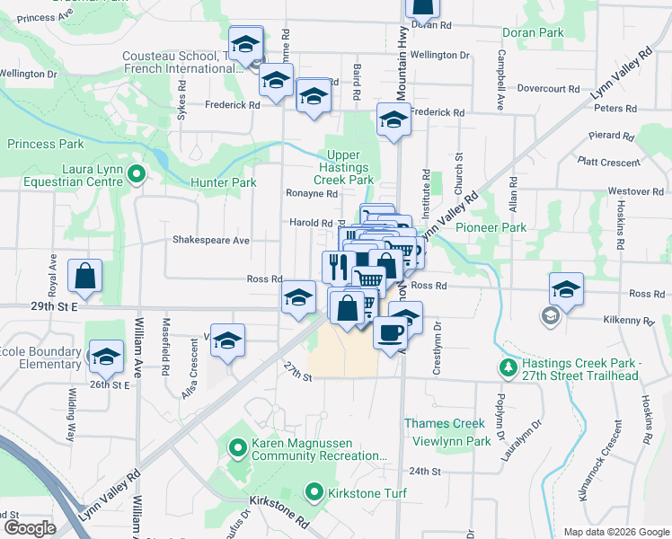 map of restaurants, bars, coffee shops, grocery stores, and more near 3025 Baird Road in North Vancouver