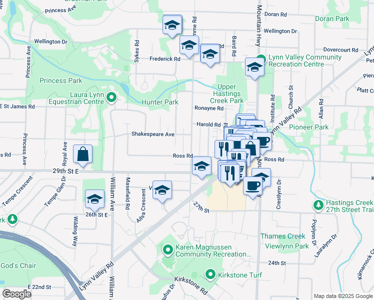 map of restaurants, bars, coffee shops, grocery stores, and more near 3027 Fromme Road in North Vancouver