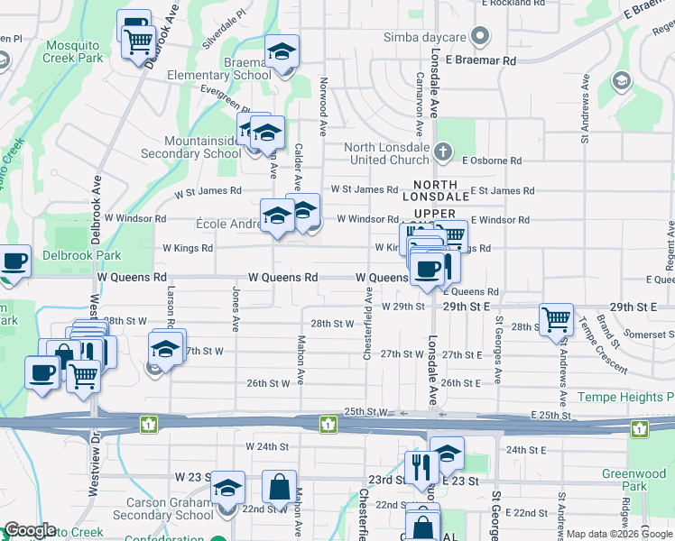 map of restaurants, bars, coffee shops, grocery stores, and more near 264 West Queens Road in North Vancouver