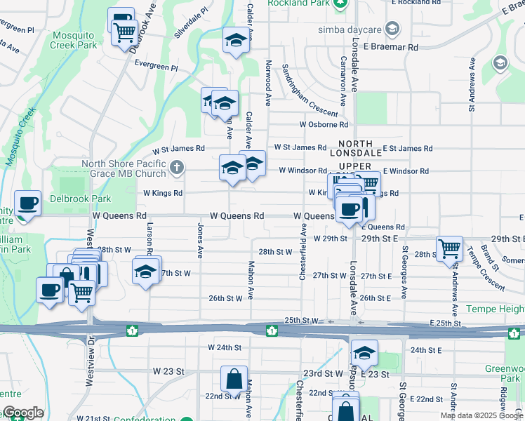 map of restaurants, bars, coffee shops, grocery stores, and more near 316 West Queens Road in North Vancouver