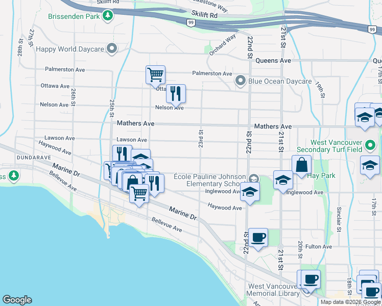 map of restaurants, bars, coffee shops, grocery stores, and more near 2317 Kings Avenue in Vancouver