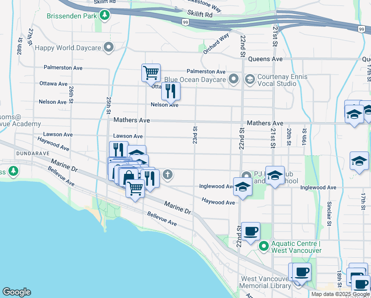 map of restaurants, bars, coffee shops, grocery stores, and more near 2317 Kings Avenue in West Vancouver
