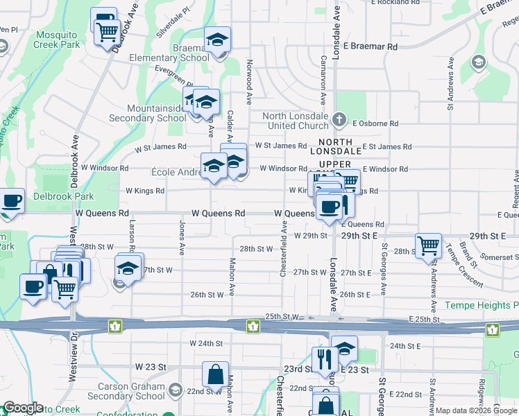 map of restaurants, bars, coffee shops, grocery stores, and more near 264 West Queens Road in North Vancouver