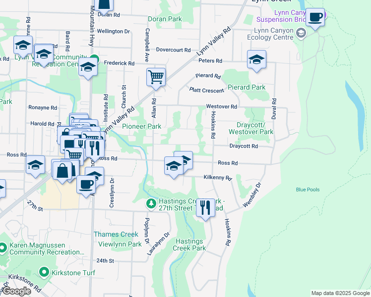map of restaurants, bars, coffee shops, grocery stores, and more near 1621 Draycott Road in North Vancouver