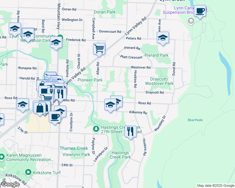 map of restaurants, bars, coffee shops, grocery stores, and more near 1621 Draycott Road in North Vancouver