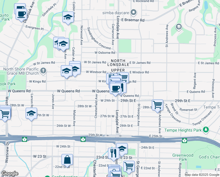 map of restaurants, bars, coffee shops, grocery stores, and more near 124 West Queens Road in North Vancouver