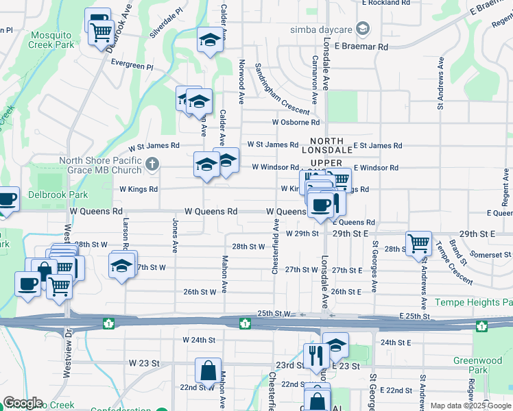 map of restaurants, bars, coffee shops, grocery stores, and more near 250 West Queens Road in North Vancouver