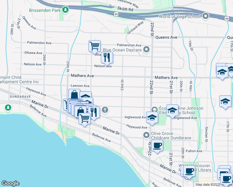 map of restaurants, bars, coffee shops, grocery stores, and more near 2317 Kings Avenue in Vancouver