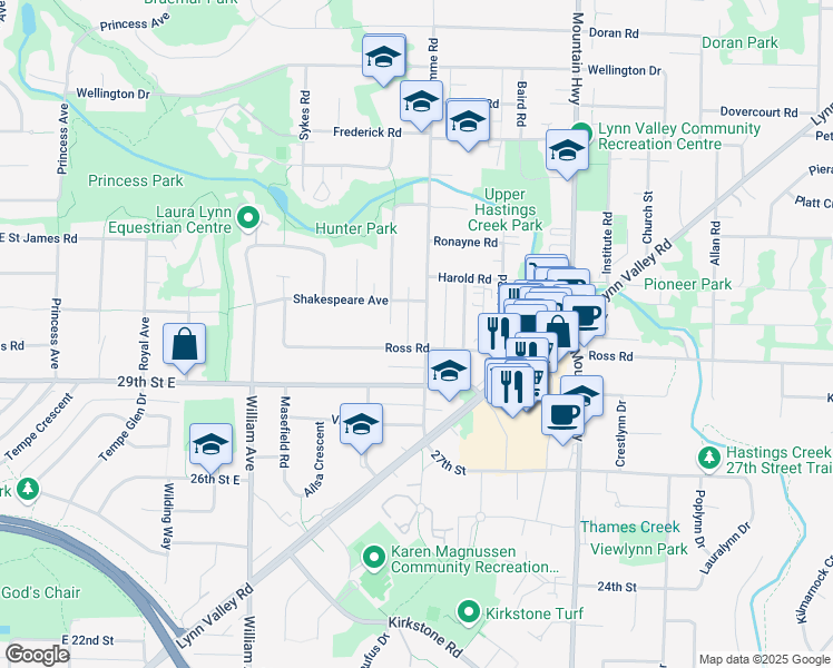 map of restaurants, bars, coffee shops, grocery stores, and more near 3031 Fromme Road in North Vancouver