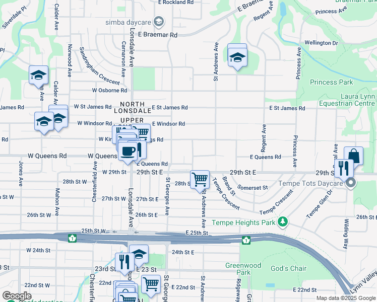 map of restaurants, bars, coffee shops, grocery stores, and more near 3041 Saint Marys Avenue in North Vancouver