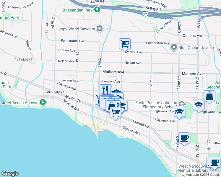 map of restaurants, bars, coffee shops, grocery stores, and more near 2449 Kings Avenue in Vancouver