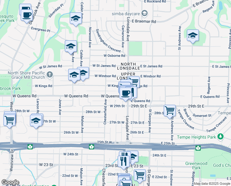 map of restaurants, bars, coffee shops, grocery stores, and more near 150 West Queens Road in North Vancouver