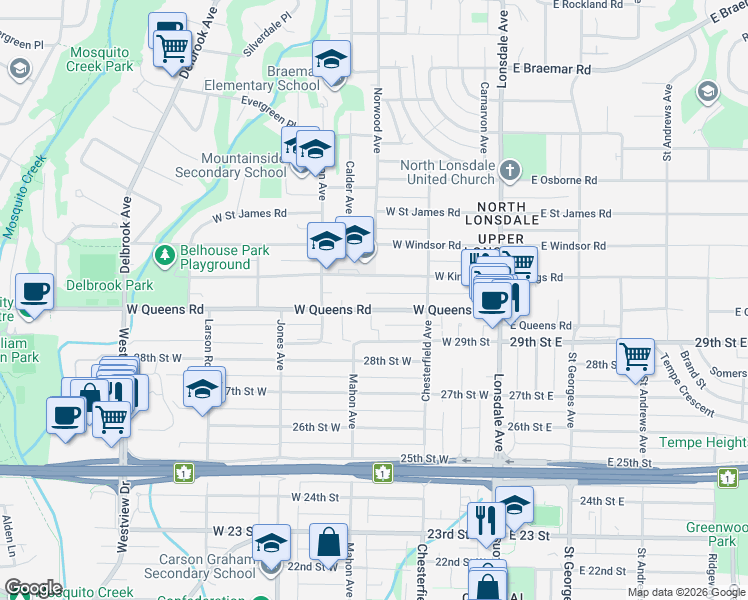 map of restaurants, bars, coffee shops, grocery stores, and more near 304 West Queens Road in North Vancouver