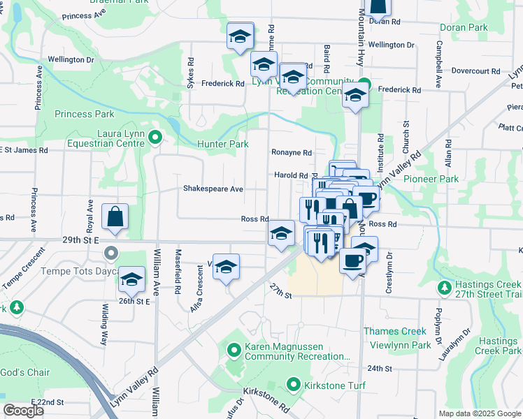 map of restaurants, bars, coffee shops, grocery stores, and more near 3031 Fromme Road in North Vancouver