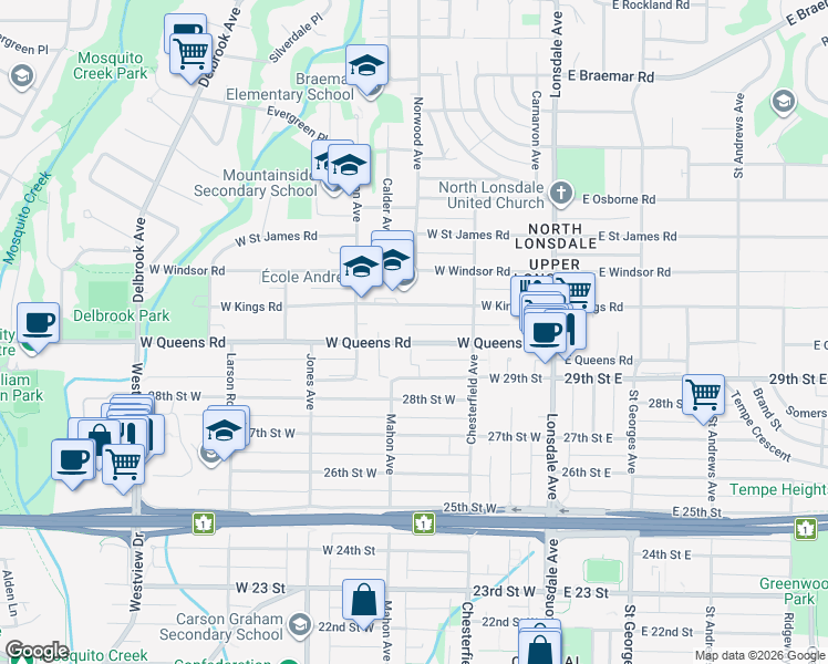 map of restaurants, bars, coffee shops, grocery stores, and more near 304 West Queens Road in North Vancouver