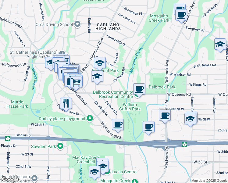 map of restaurants, bars, coffee shops, grocery stores, and more near 3020 Thorncliffe Drive in North Vancouver