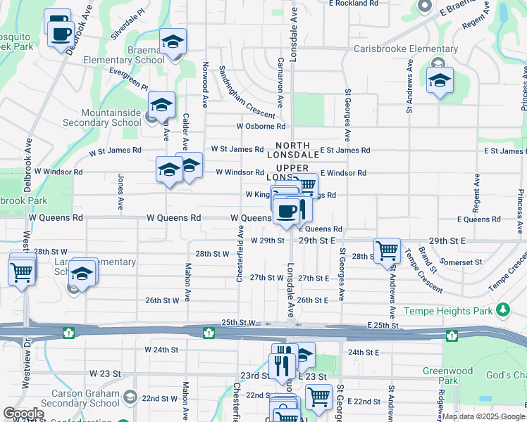 map of restaurants, bars, coffee shops, grocery stores, and more near 150 West Queens Road in North Vancouver