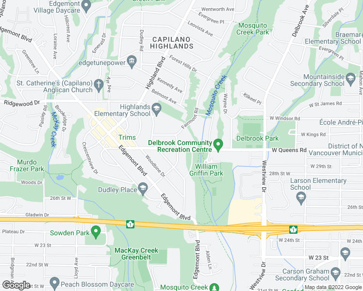 map of restaurants, bars, coffee shops, grocery stores, and more near 3020 Thorncliffe Drive in North Vancouver