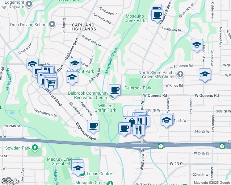 map of restaurants, bars, coffee shops, grocery stores, and more near 808 West Queens Road in North Vancouver