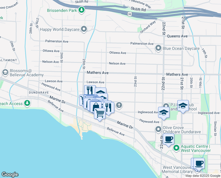 map of restaurants, bars, coffee shops, grocery stores, and more near 2387 Kings Avenue in West Vancouver