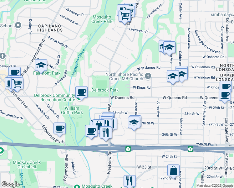 map of restaurants, bars, coffee shops, grocery stores, and more near 678 West Queens Road in North Vancouver
