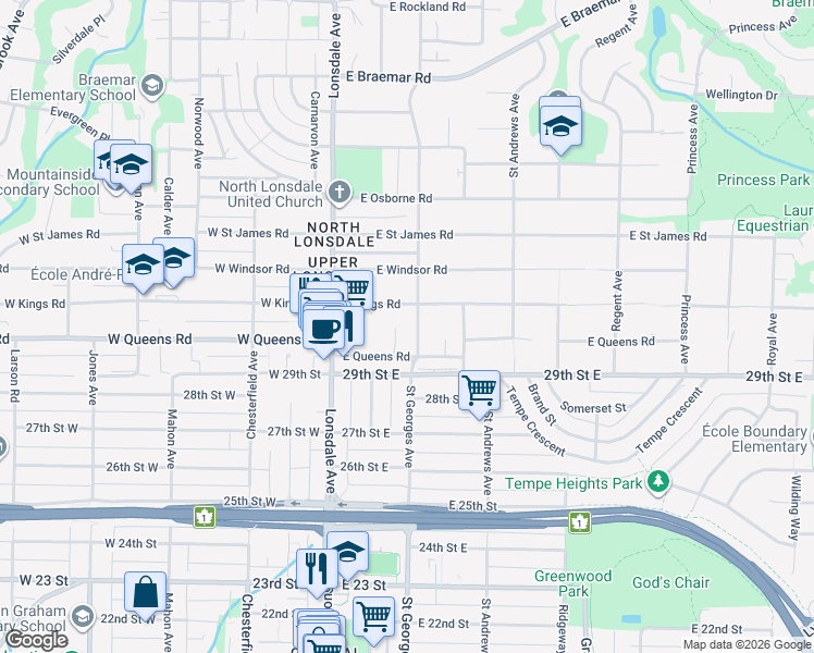 map of restaurants, bars, coffee shops, grocery stores, and more near 3039 Saint Georges Avenue in North Vancouver
