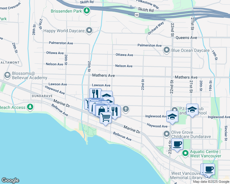map of restaurants, bars, coffee shops, grocery stores, and more near 2391 Kings Avenue in West Vancouver