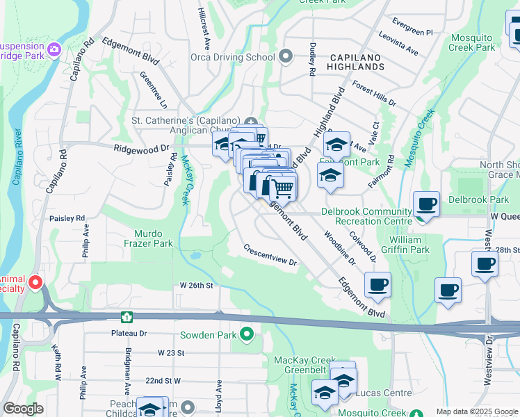 map of restaurants, bars, coffee shops, grocery stores, and more near 2964 Newmarket Drive in North Vancouver
