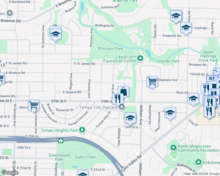 map of restaurants, bars, coffee shops, grocery stores, and more near 3063 Royal Avenue in North Vancouver