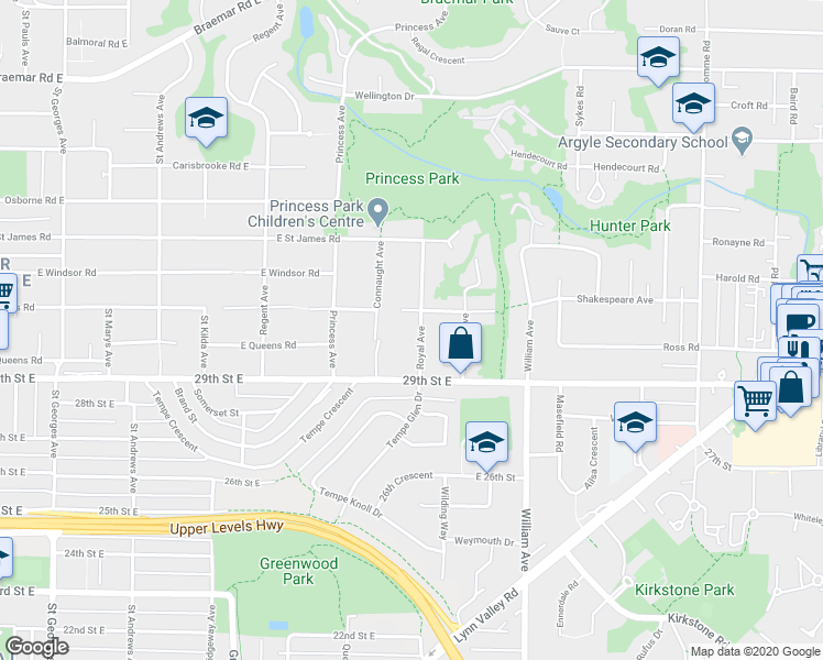 map of restaurants, bars, coffee shops, grocery stores, and more near 3063 Royal Avenue in North Vancouver