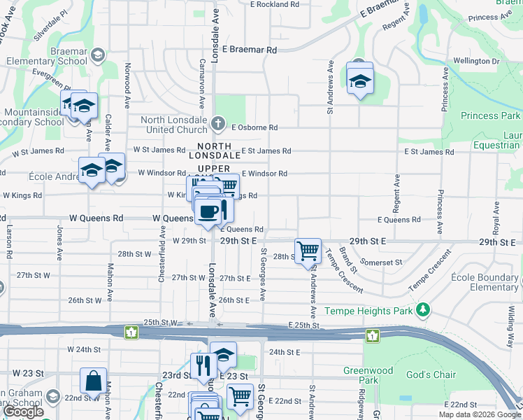 map of restaurants, bars, coffee shops, grocery stores, and more near 3039 Saint Georges Avenue in North Vancouver