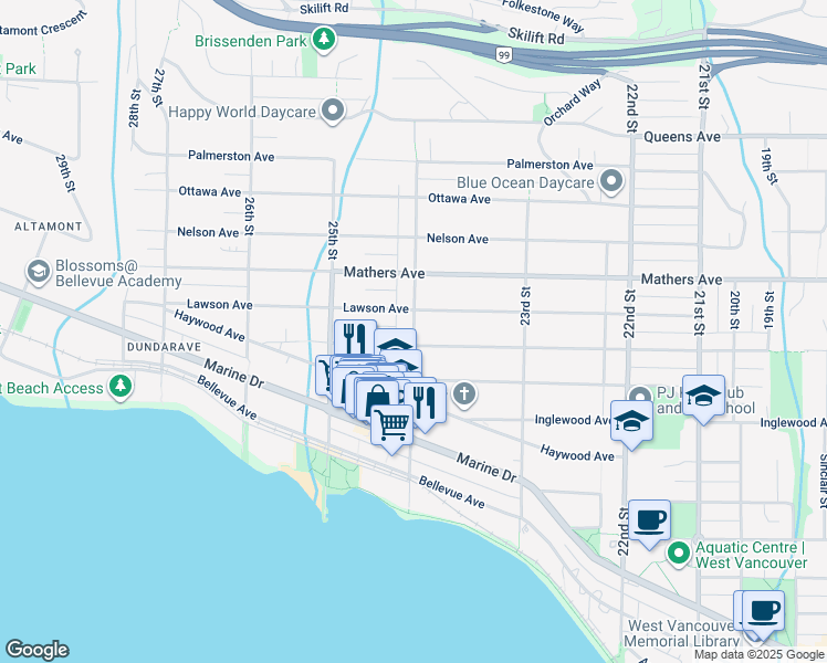 map of restaurants, bars, coffee shops, grocery stores, and more near 24th Street in West Vancouver