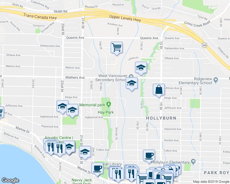 map of restaurants, bars, coffee shops, grocery stores, and more near in West Vancouver