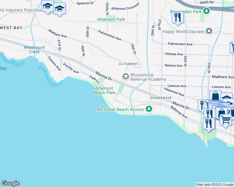 map of restaurants, bars, coffee shops, grocery stores, and more near in West Vancouver