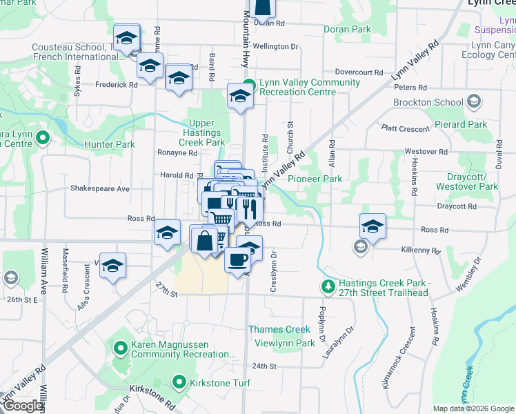 map of restaurants, bars, coffee shops, grocery stores, and more near in North Vancouver