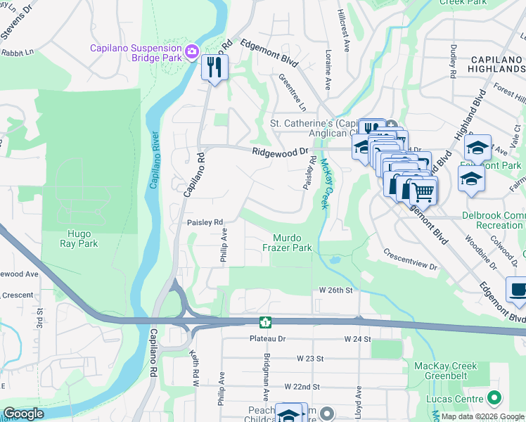 map of restaurants, bars, coffee shops, grocery stores, and more near 3029 Paisley Road in North Vancouver