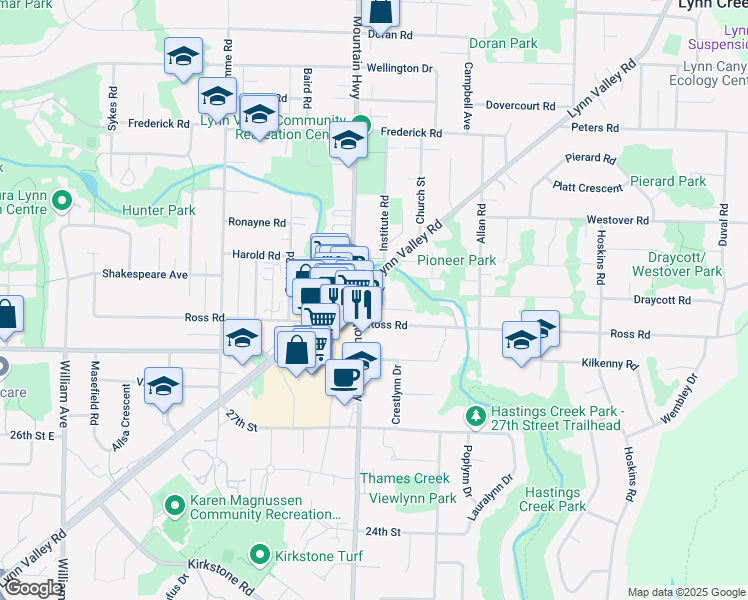 map of restaurants, bars, coffee shops, grocery stores, and more near 1327 Draycott Road in North Vancouver