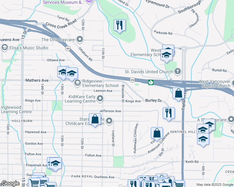 map of restaurants, bars, coffee shops, grocery stores, and more near 1032 Lawson Avenue in West Vancouver
