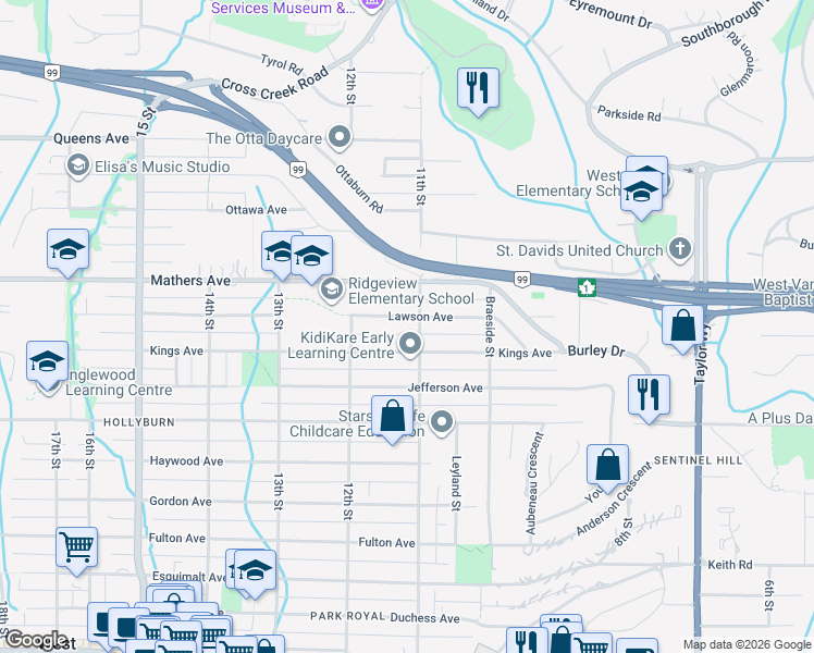 map of restaurants, bars, coffee shops, grocery stores, and more near 1116 Lawson Avenue in West Vancouver
