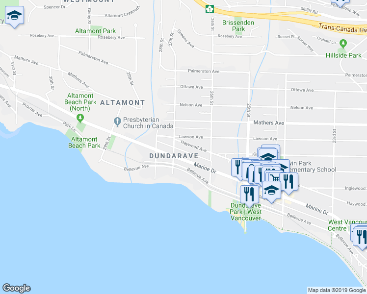map of restaurants, bars, coffee shops, grocery stores, and more near 2659 Marine Drive in West Vancouver