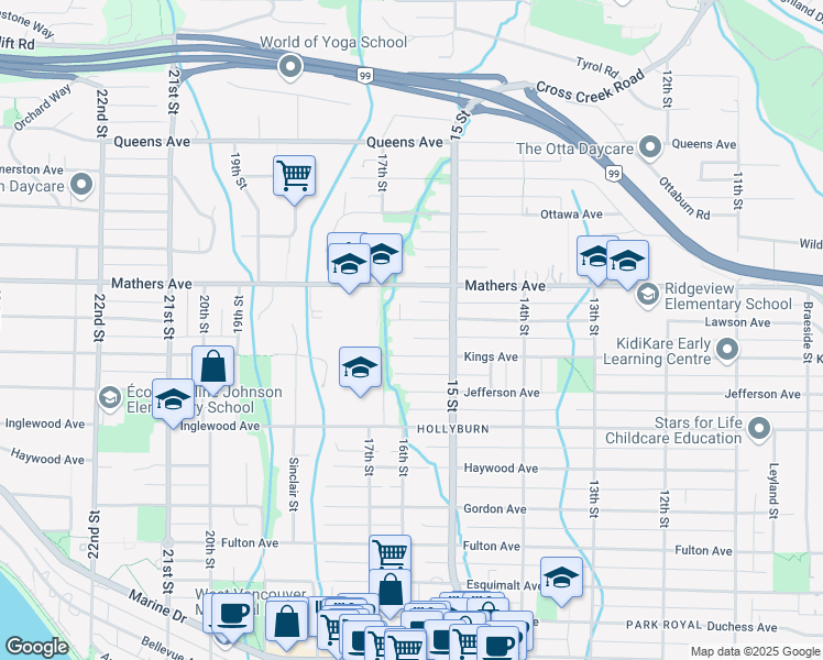 map of restaurants, bars, coffee shops, grocery stores, and more near 1630 Lawson Avenue in West Vancouver